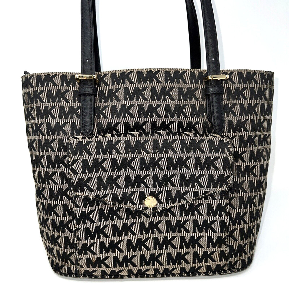 MICHAEL KORS JET SET MK Signature Black Jacquard MD PKT MF Tote Bag